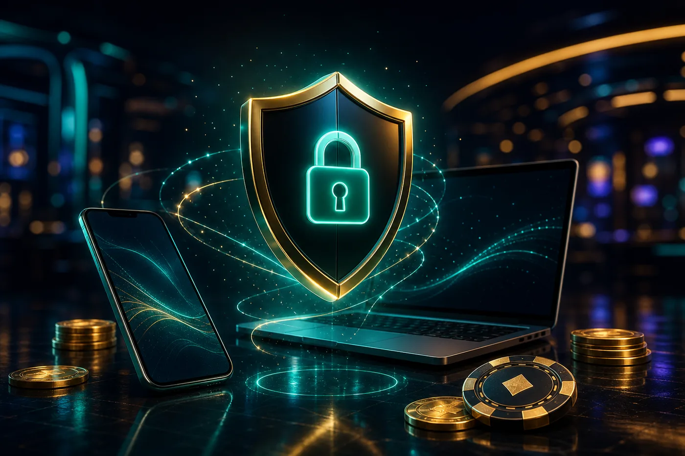 Escudo de protección de datos sobre un teléfono y un portátil